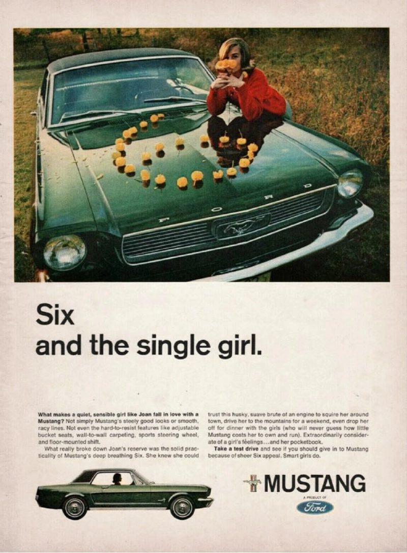 1966 Ford Mustang vintage auto ad; Six and the single girl 1966 Ford Mustang vintage auto ad; Six and the single girl